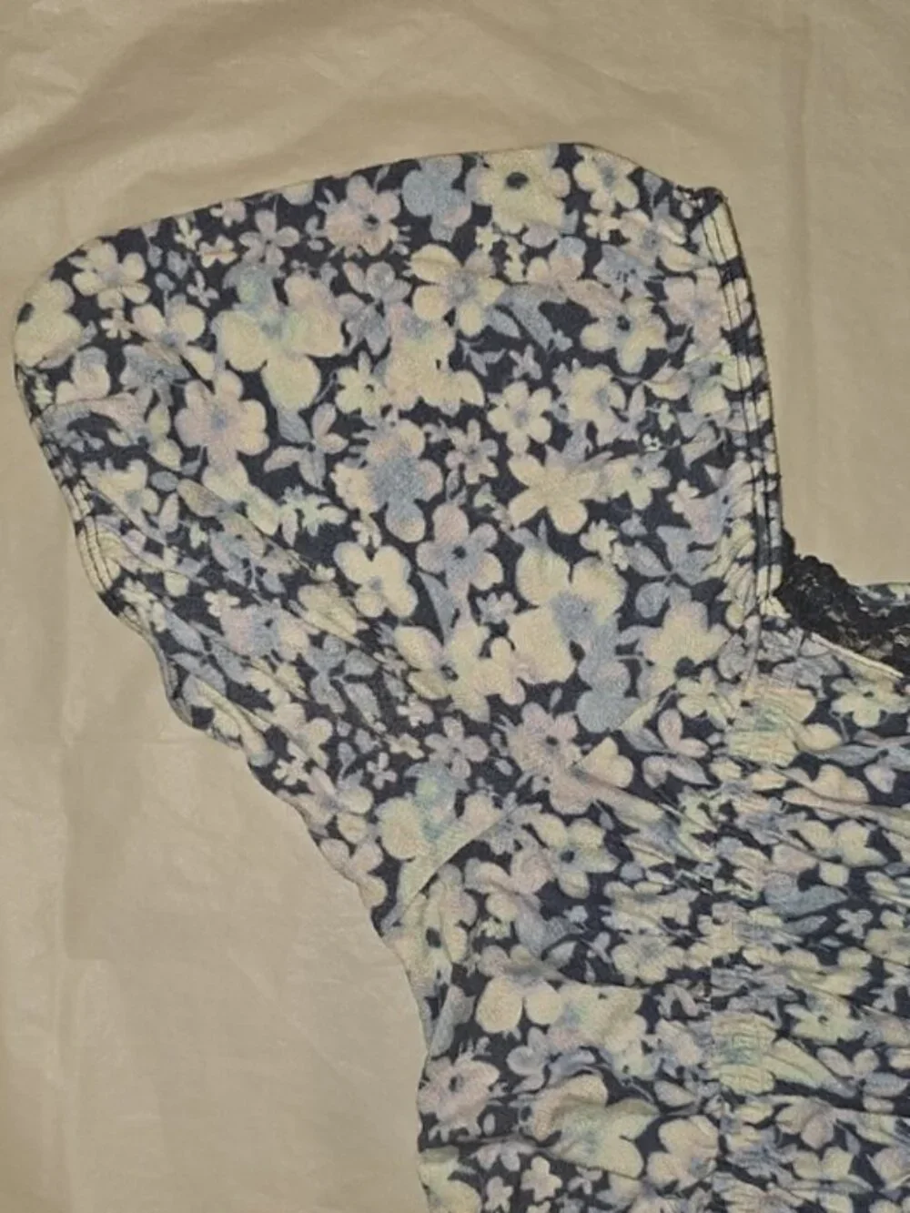 Justice Girls XL 16/18 Navy, White Floral Short Puff Sleeves Ruched Crop Top New